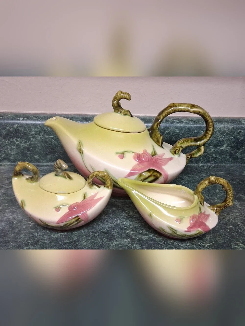 Vintage Hull Pottery Woodland Teapot Sugar Creamer Tea Set Green W26, W27, W28